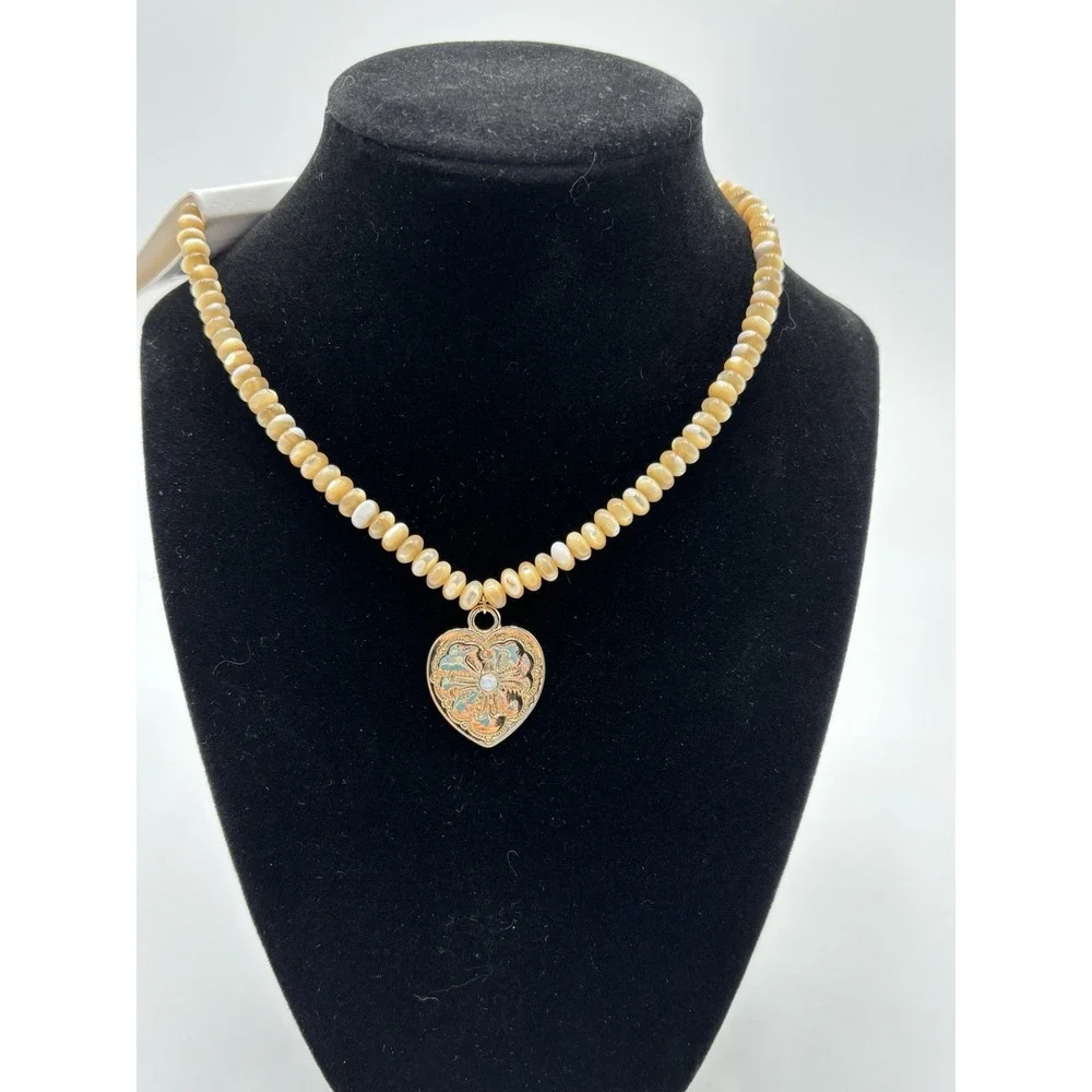 Altar'd State Beaded Necklace‎ Ivory Gold Heart Pendant Adjustable MSRP $38